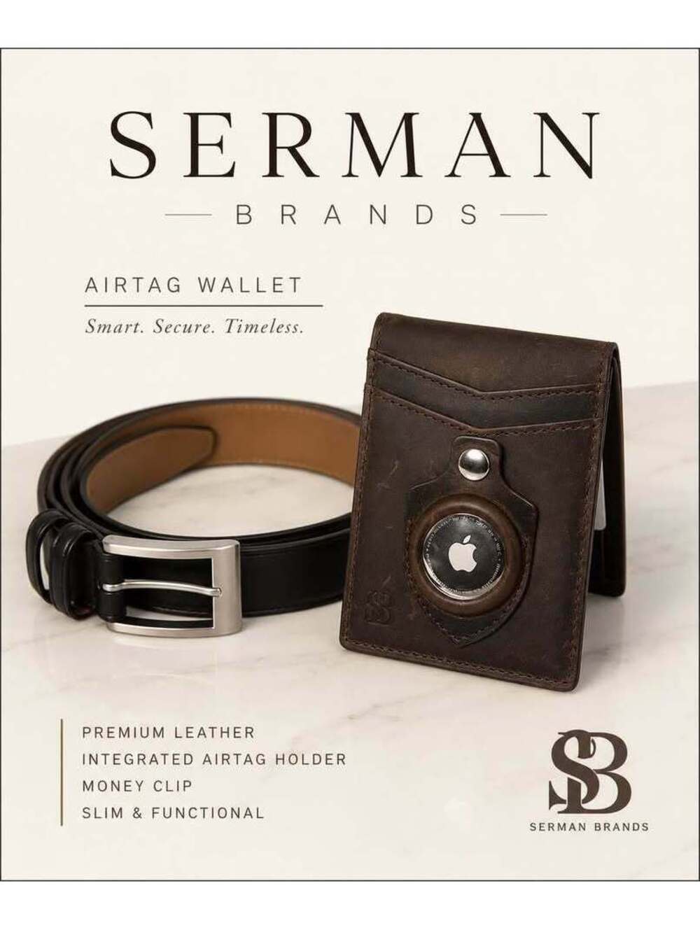 SERMAN BRANDS Men’s AirTag Wallet Brown Money Clip